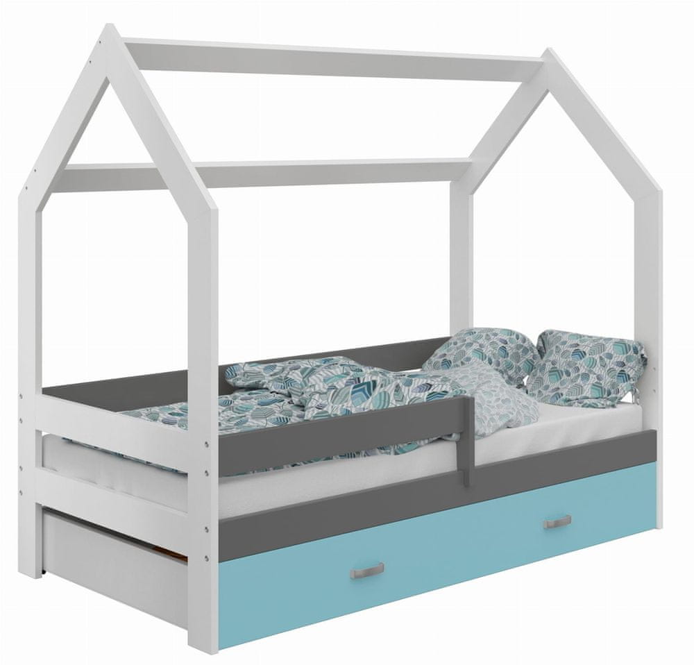 eoshop Detská posteľ Domček 80x160 cm D3, rošt ZADARMO - biela (Voľba matracu: Bez matraca, Farba úložného priestoru: Modrá, Farba zábrany: Šedá)